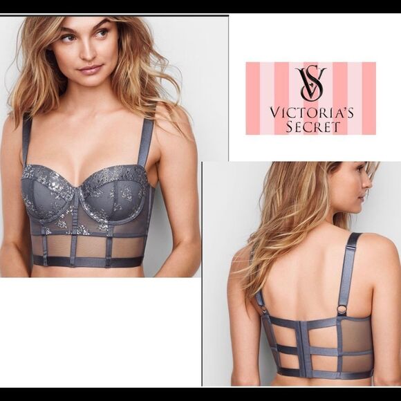 Victoria’s Secret Very Sexy Shine lace long line Balconet bra gray Sz 32C NWOT - Picture 1 of 14
